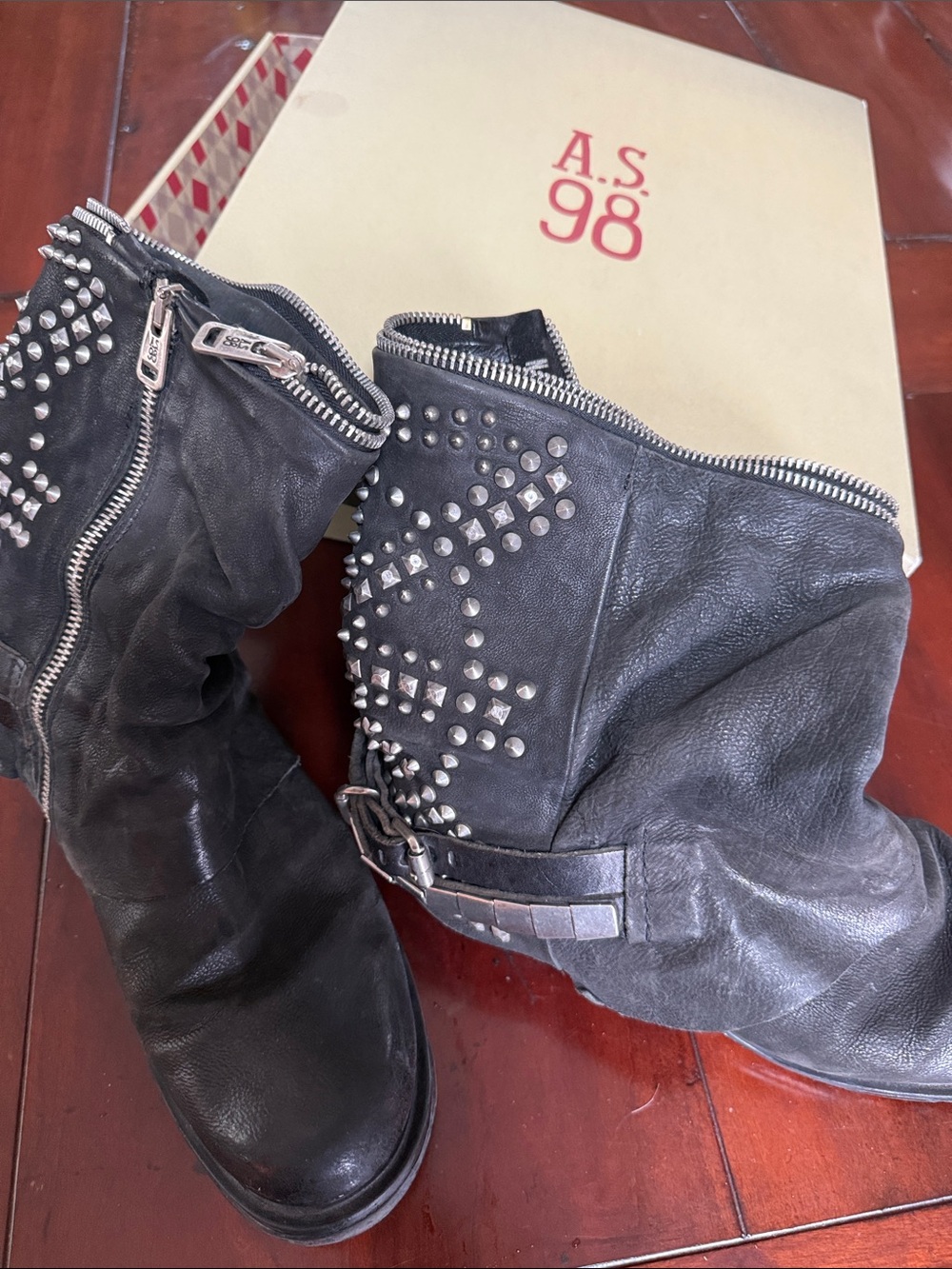 A.S.98 Black Leather Studded Ankle Boots